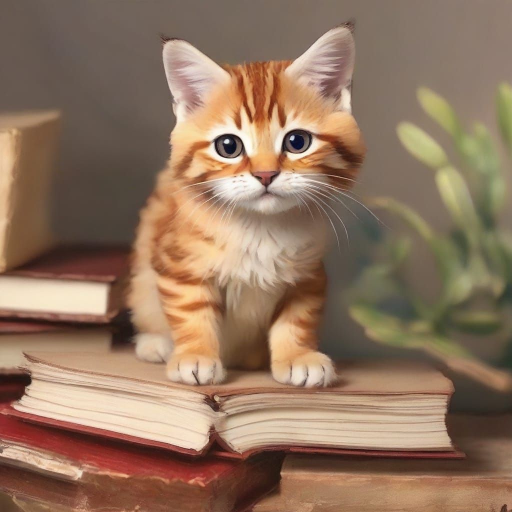 Vintage Boho Kitten on a Stacked Book Collection