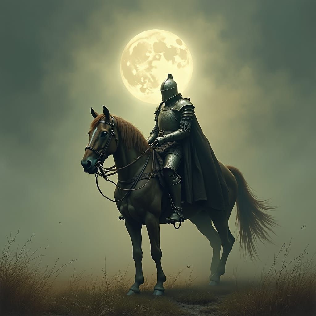 Armored Crusader Rides Into Battle at Moonlit Evening