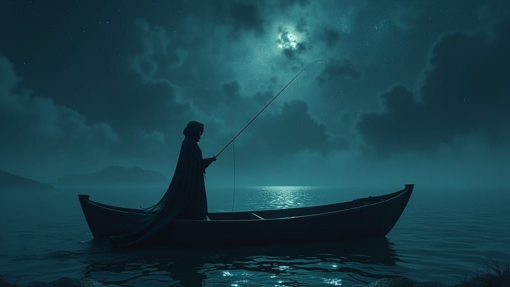 Young Woman Fishes Under Starry Night Sky in Moody Atmospher...