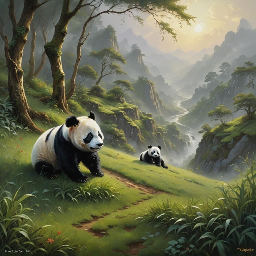 Baby Panda Rolling Down Hill: Ethereal Oil Painting
