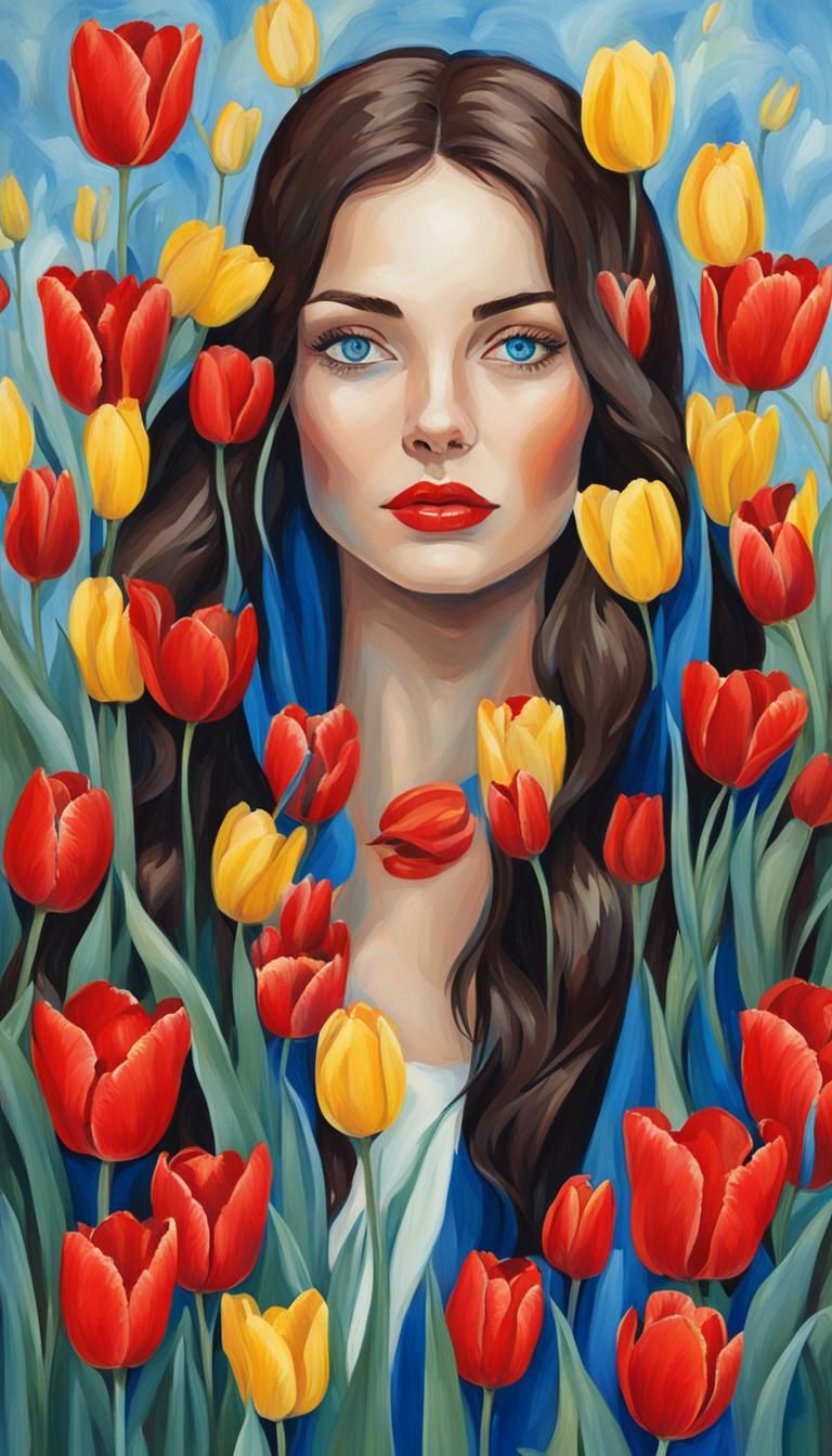 Brunette Lady Surrounded by Yellow Tulips