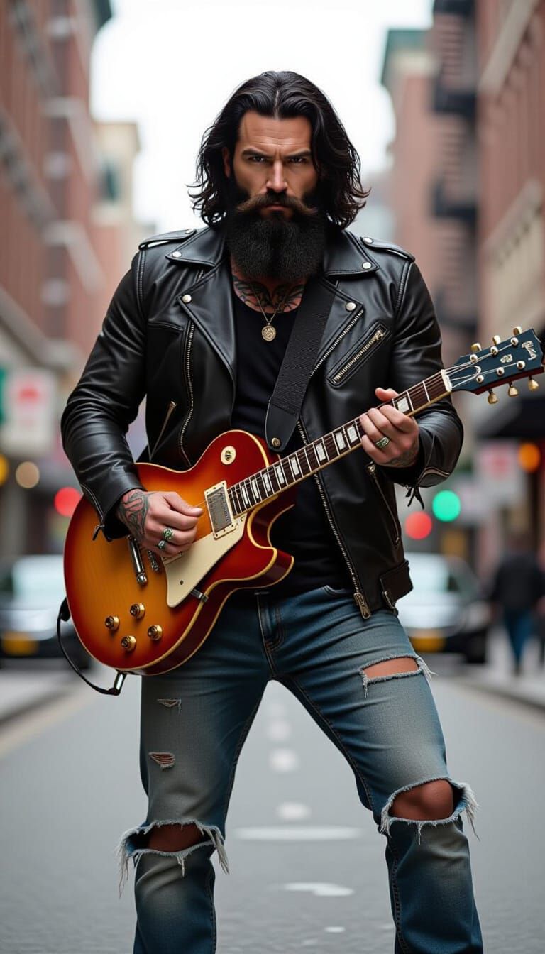 Gritty Urban Guitarist in Cyberpunk Style