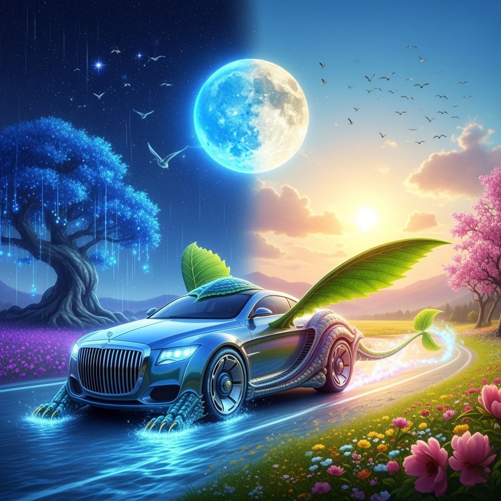 Futuristic Living Car in Dreamlike Landscape