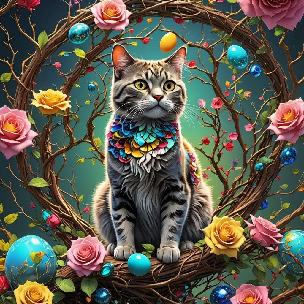 Cat on Rose Branch in Metallic 3D Animation