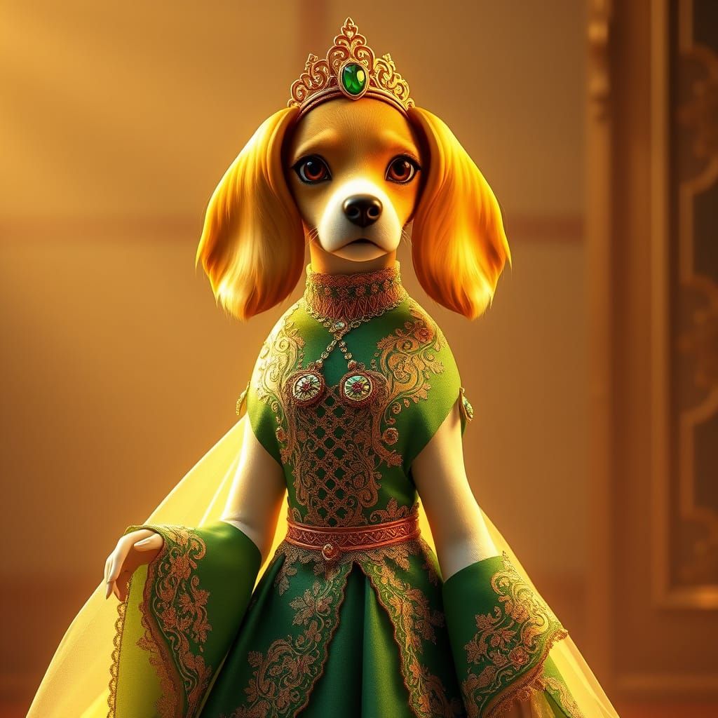 Regal Beagle in Green and Gold Dress: 3D Anime Art