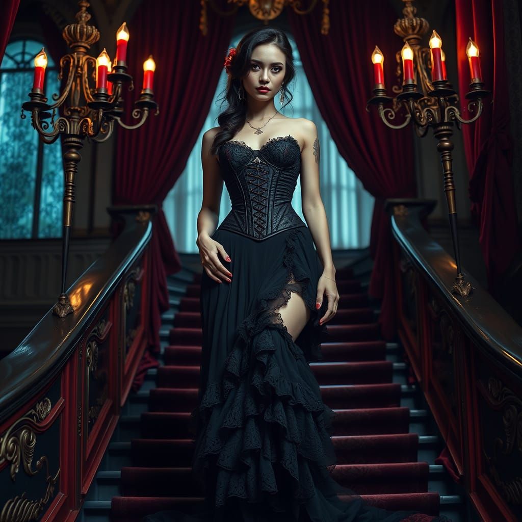 Ethereal Gothic Goddess Descends Grand Staircase