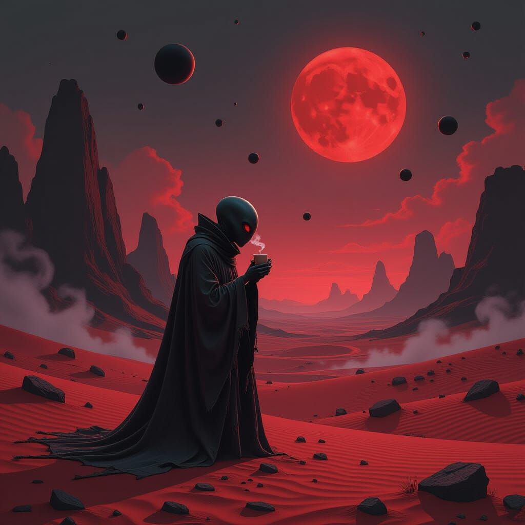 Alien Sipping Tea in Surreal Desert Landscape