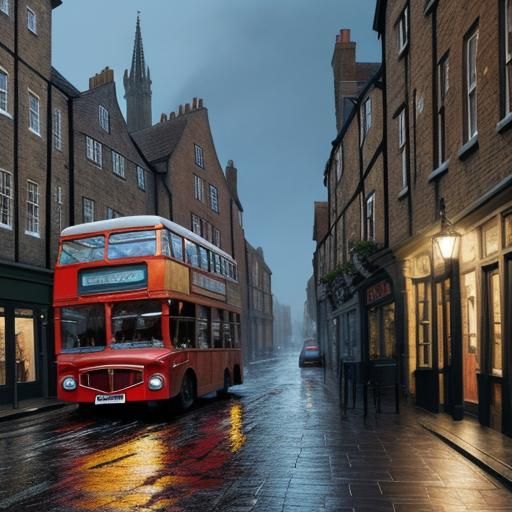 Impressive Bohemian Oil Painting of Red Bus in York England