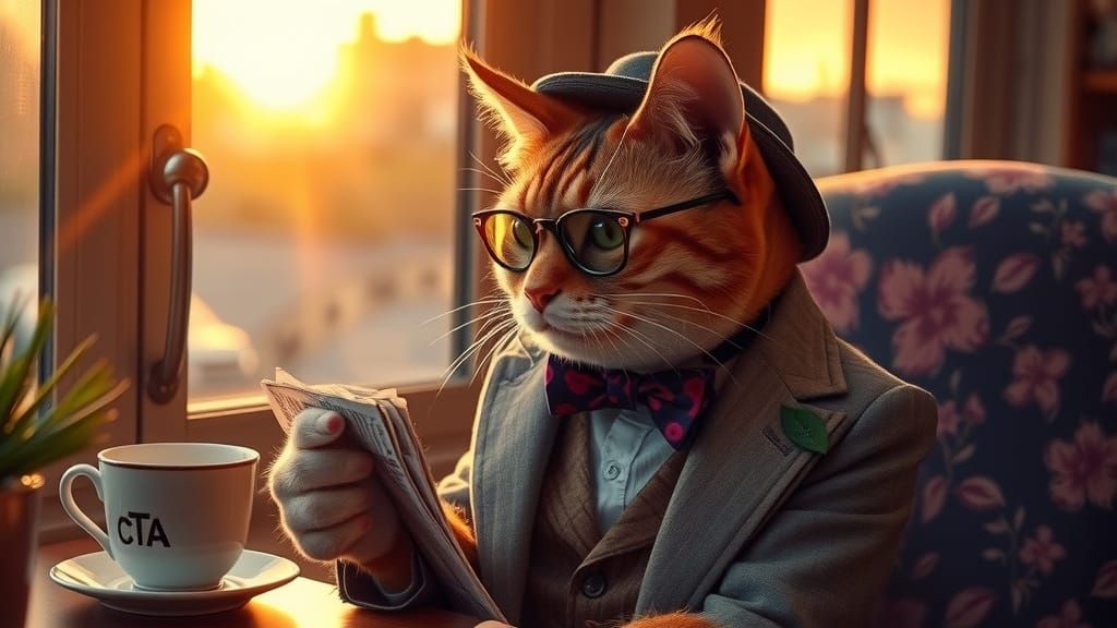 Boomer Cat Sipping Tea in Golden Sunlight