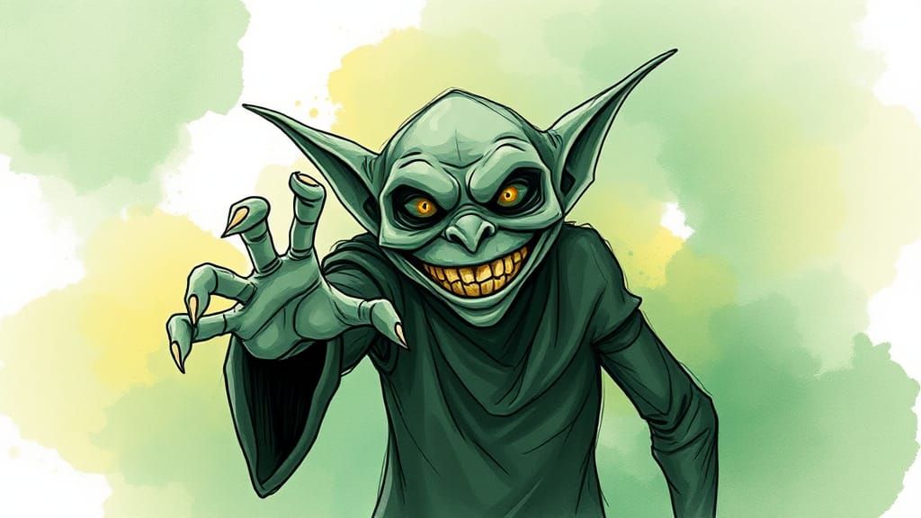 Grinning Goblin Silhouette in Minimalist Watercolor Style