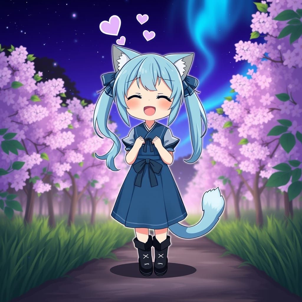 Cute Anime Catgirl in Enchanted Lilac Tree Park