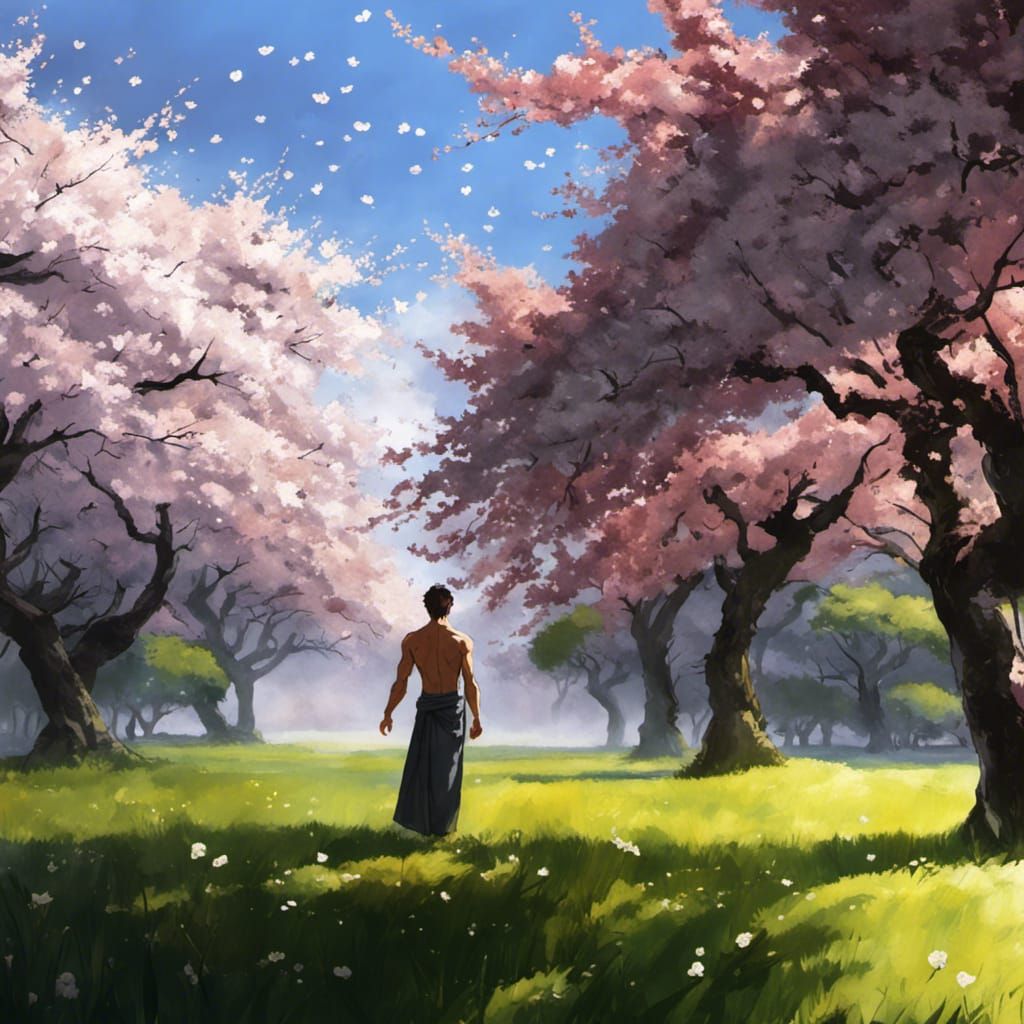 Man Under Cherry Tree in Sumi-e Style