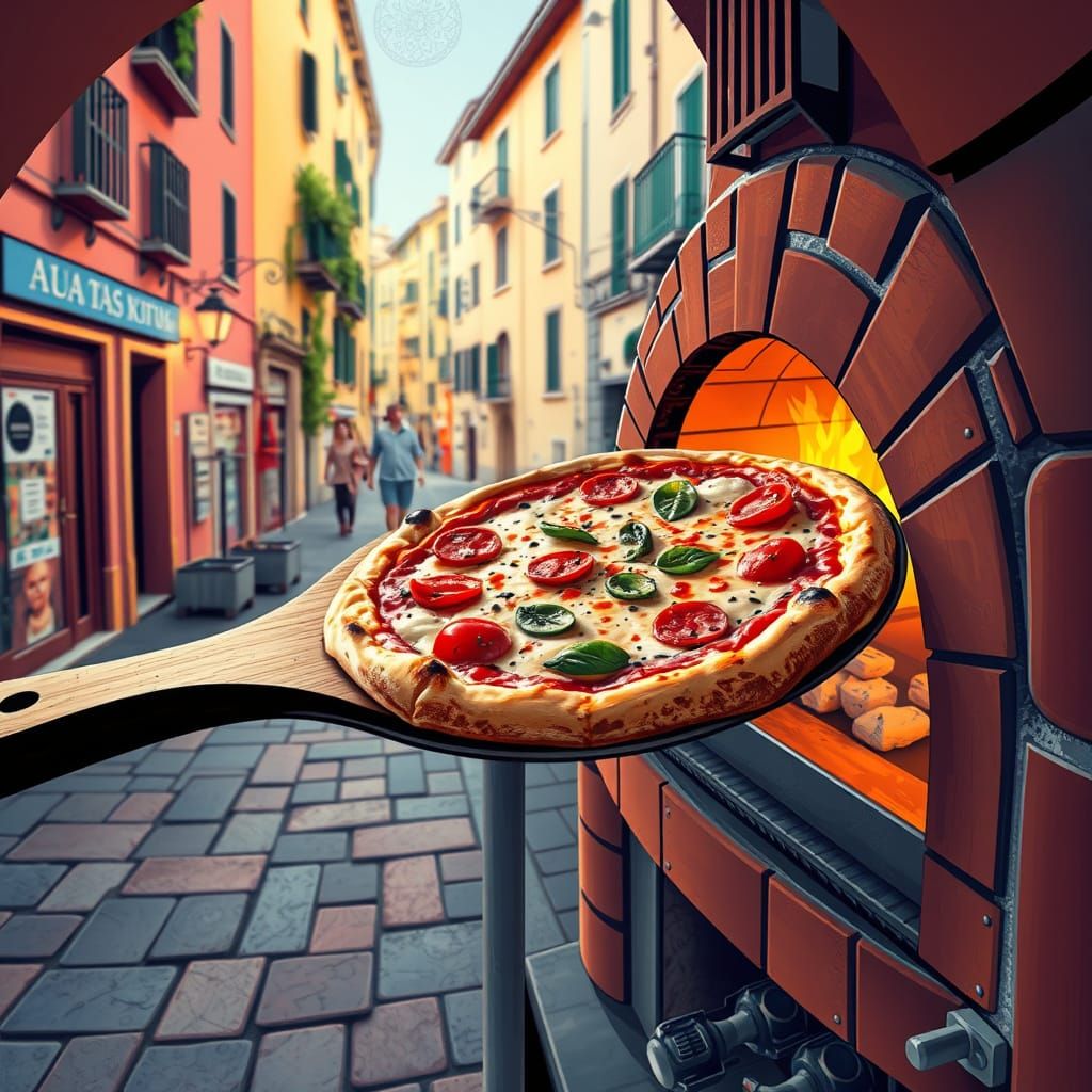 Neapolitan Pizza in Naples, Futuristic Art Style