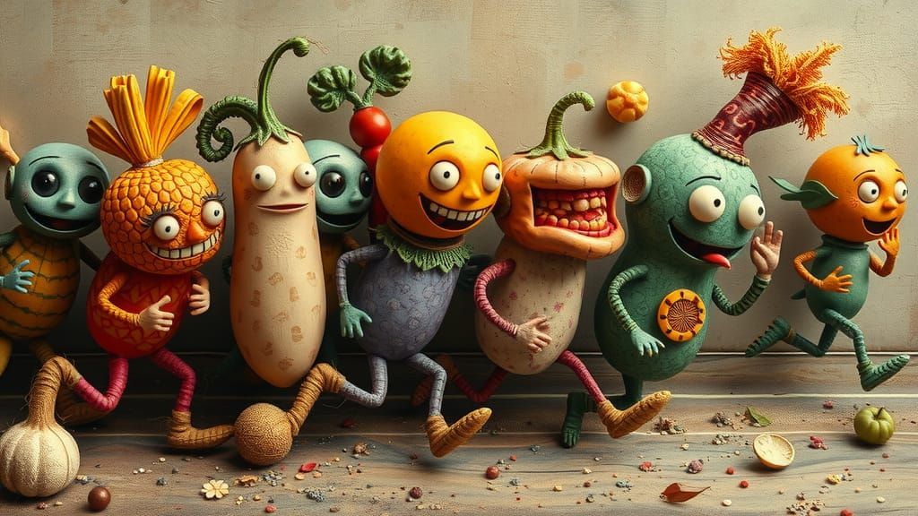 Whimsical Vegetable Race in Folk Art Style