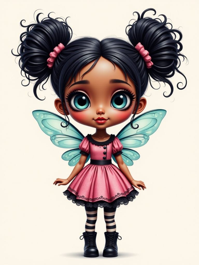 African American Chibi Fairy Girl in Playful Flat Illustrati...