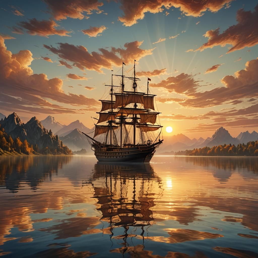 Vibrant Ship Sails Serene Lake in Dreamlike Fantasy