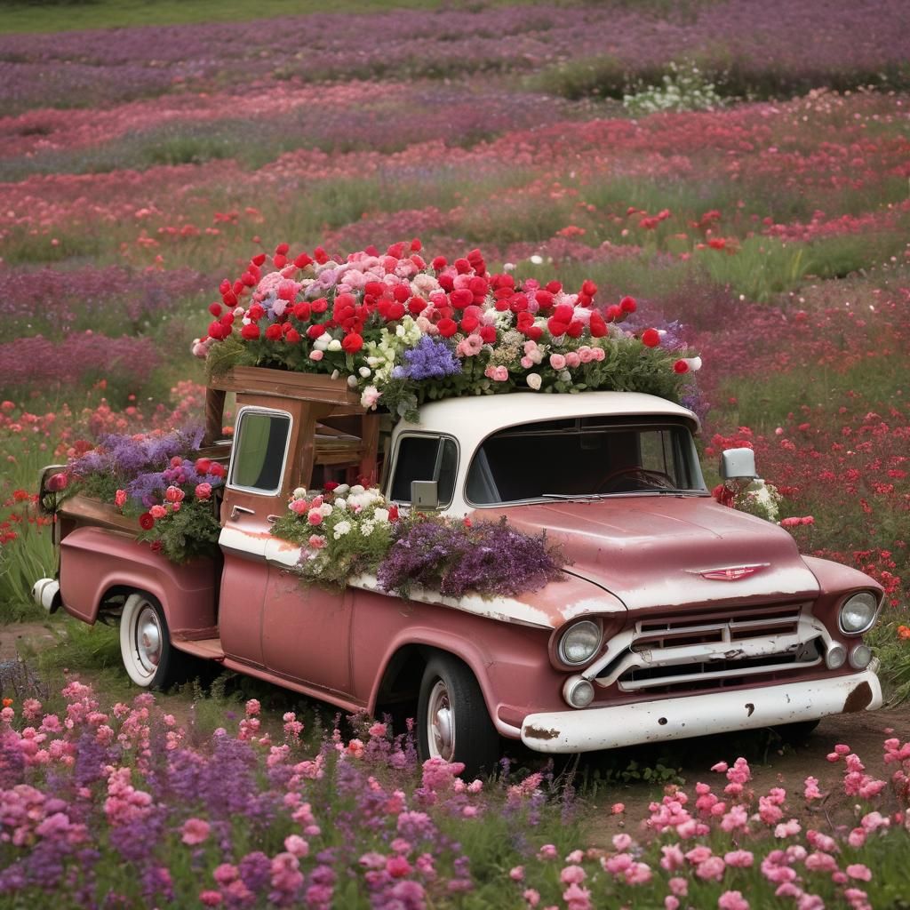 1957 Chevy Truck Bed Filled with Flowers