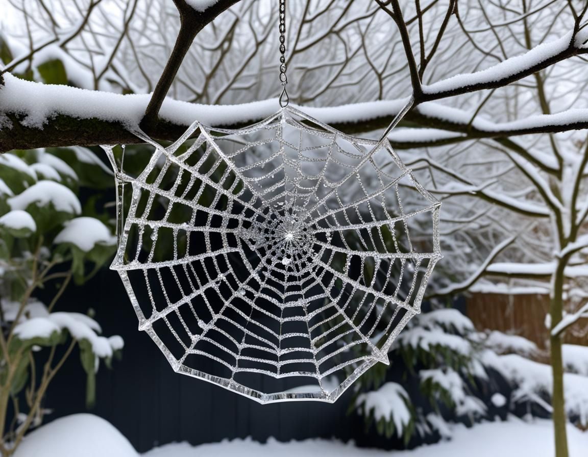 Crystal Spiderweb in Snowy Garden