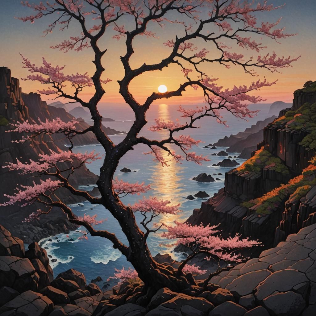 Sakura Tree in Lava Field: Pointillism Hyperrealism