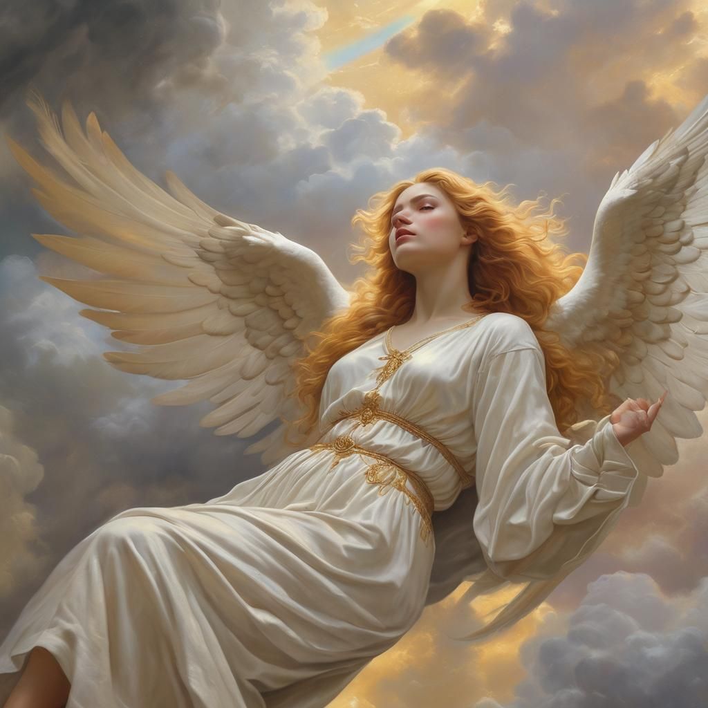 Heavenly scene of a relaxed angel lounging on billowing clou...