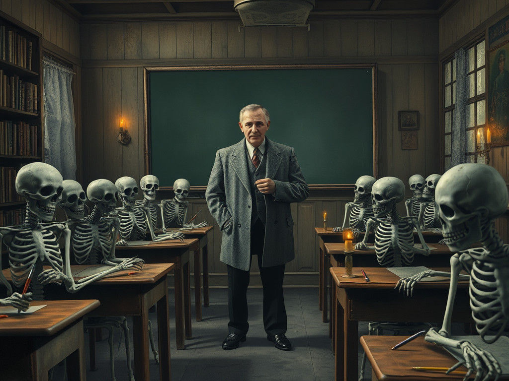 Eerie Classroom Scene with Skeletons as Students