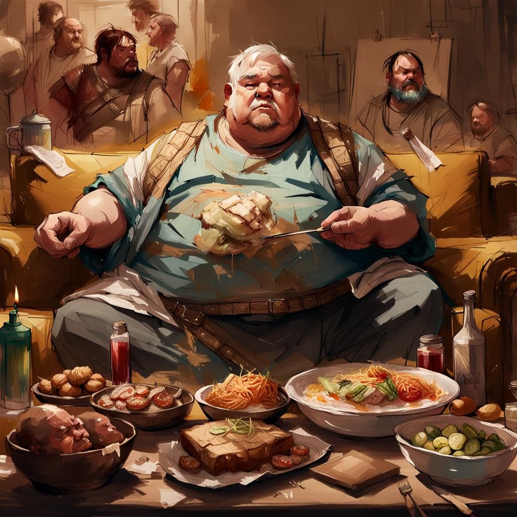 Chubby Roman Portrait Surrounded by Food, Digital Art
