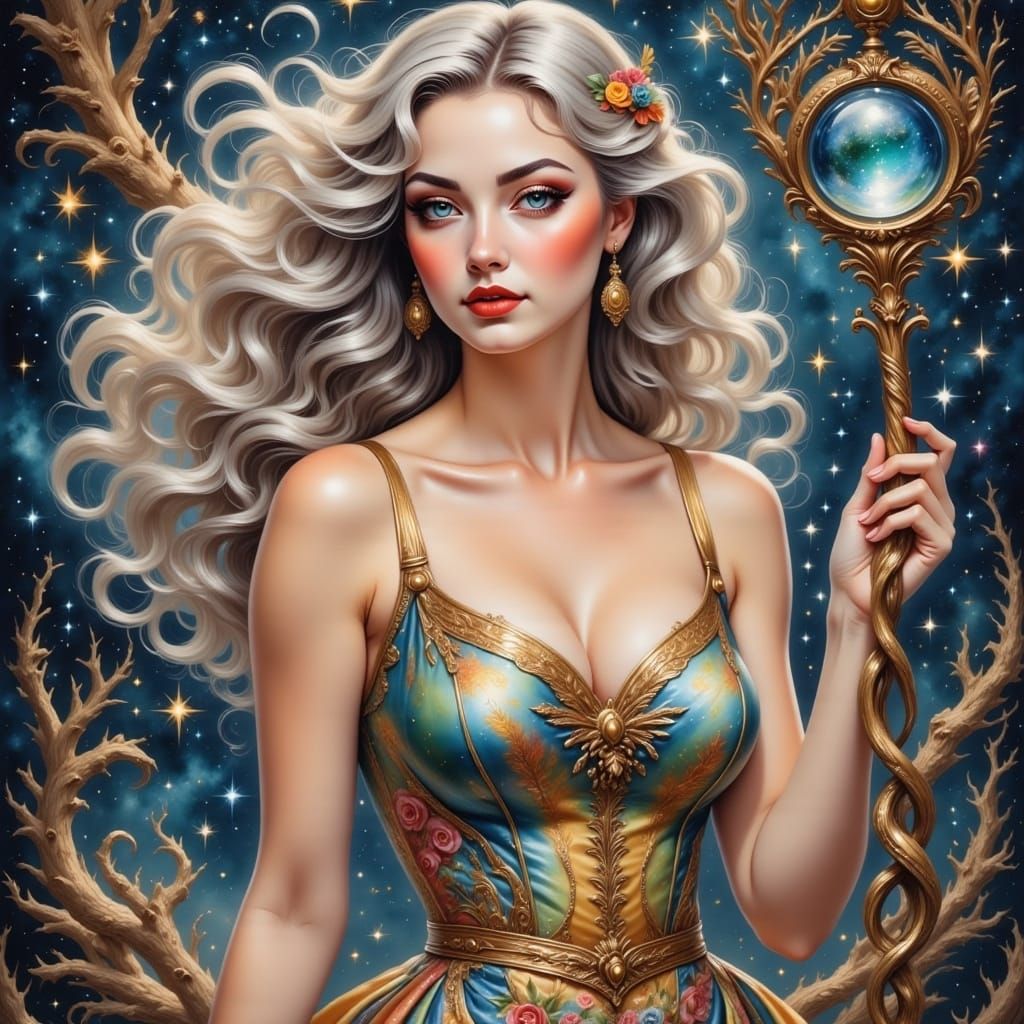 Ethereal Goddess with Shifting Silks and Floral Staff