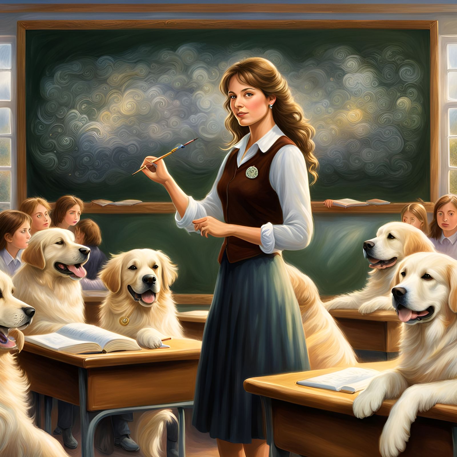 Teacher with Golden Retrievers in Ethereal Classroom