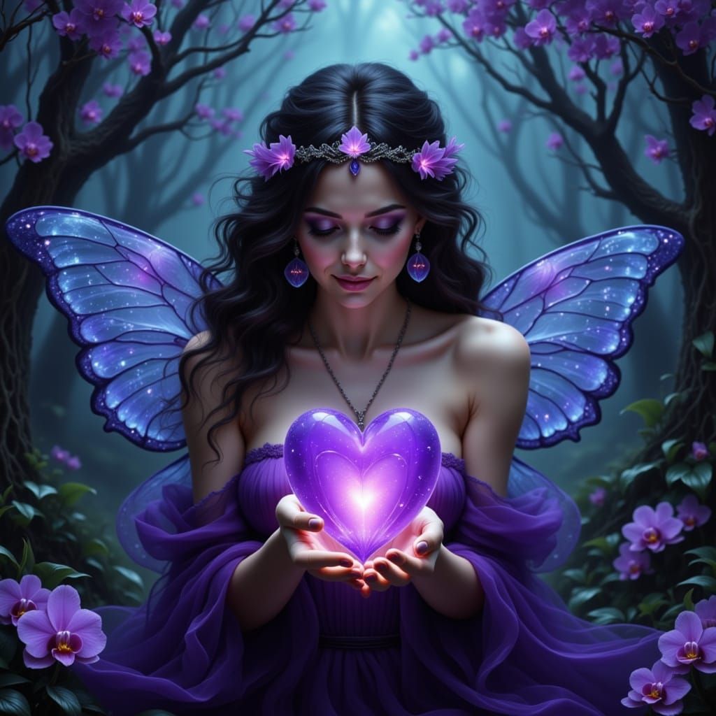 Elegant Fairy Woman Holding Glowing Crystal Heart