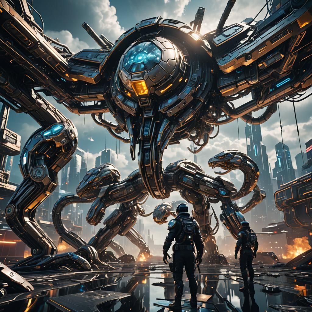 Cyberpunk Fan and Diamond Snakes in Sci-Fi Scene