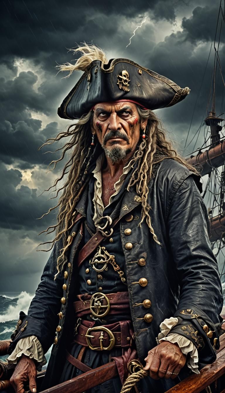 Fearsome Pirate Captain at Helm in Stormy Seas