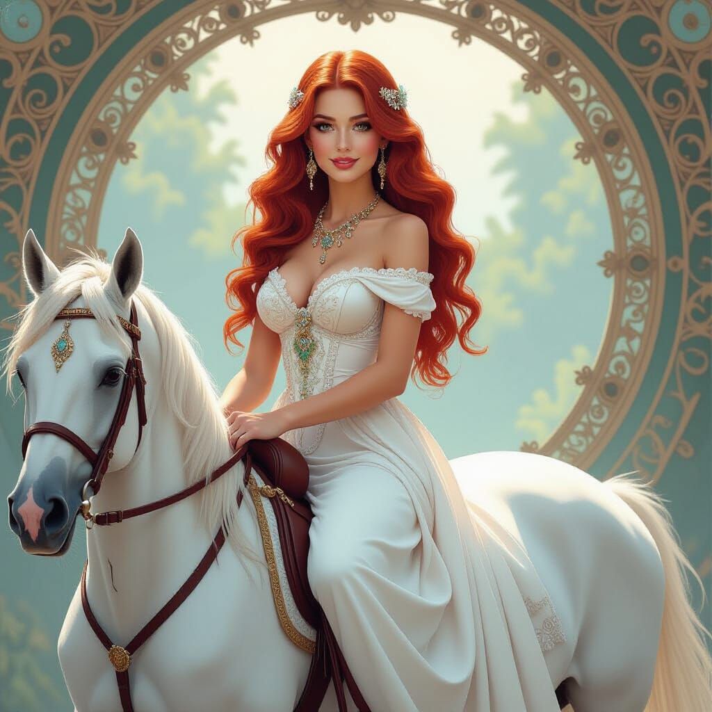 Equestrian Beauty in Ornate Art Nouveau Style