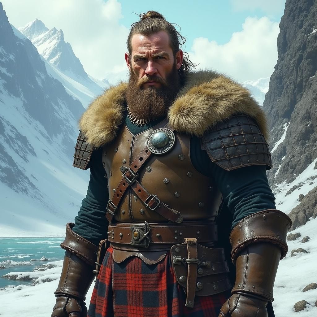 Scottish Warrior with Prosthetic Eye in Barren Landscape