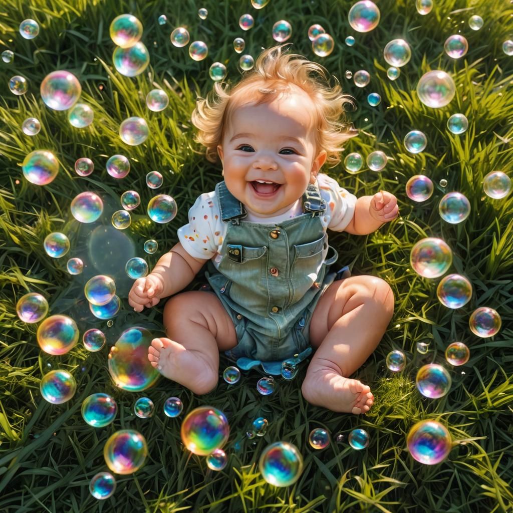 Giggling Baby Surrounded by Rainbow Bubbles