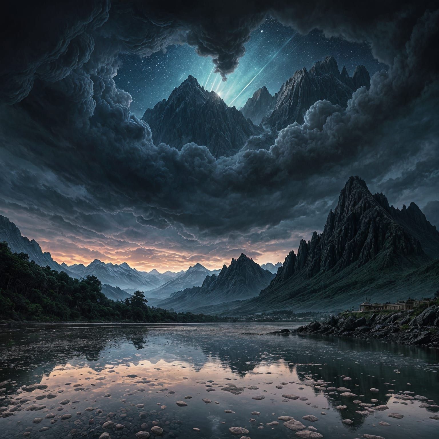 Surreal Landscape with Fearful Crowd and Serene Lake