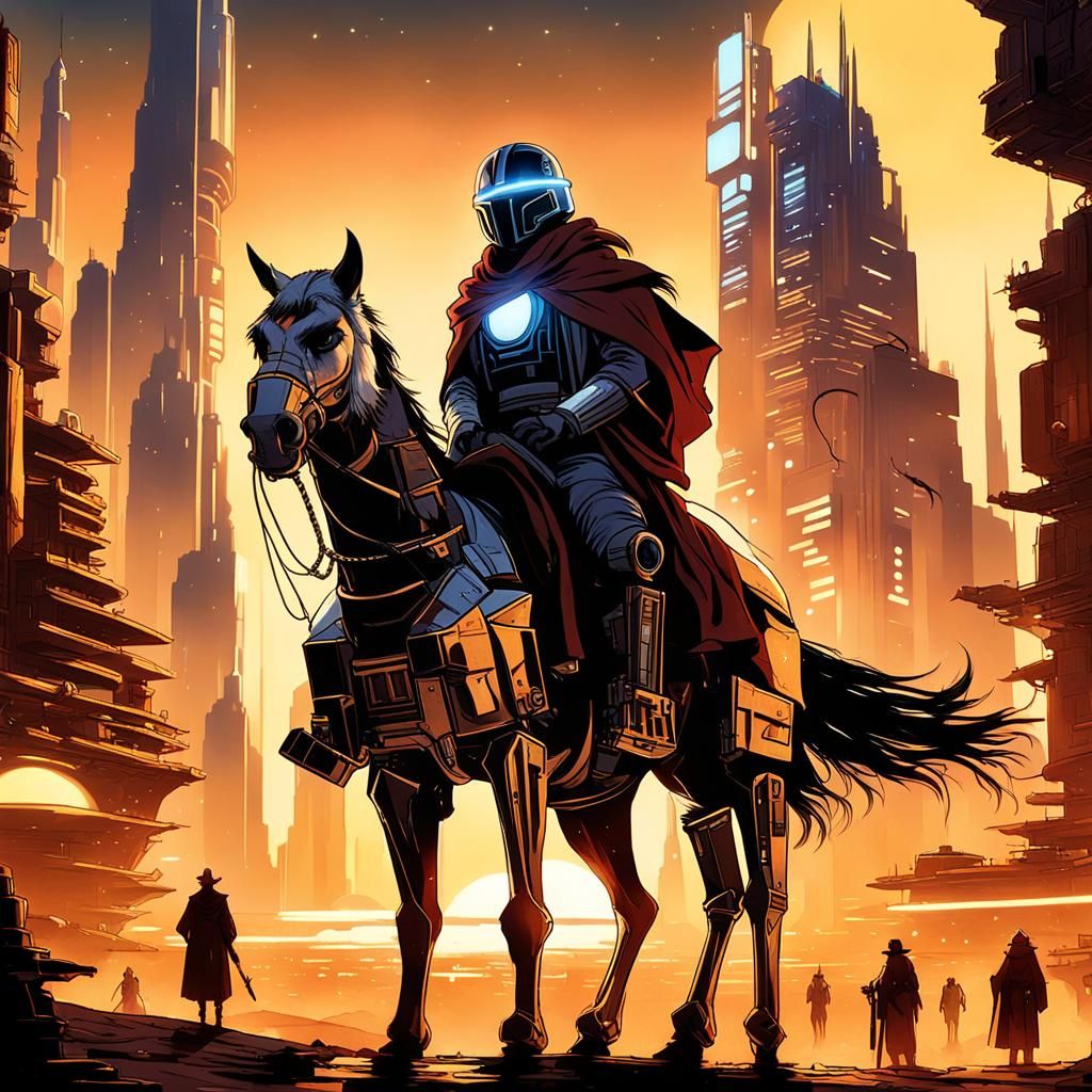 Anime-Style Cowboy in Coruscant Cityscape Concept Art