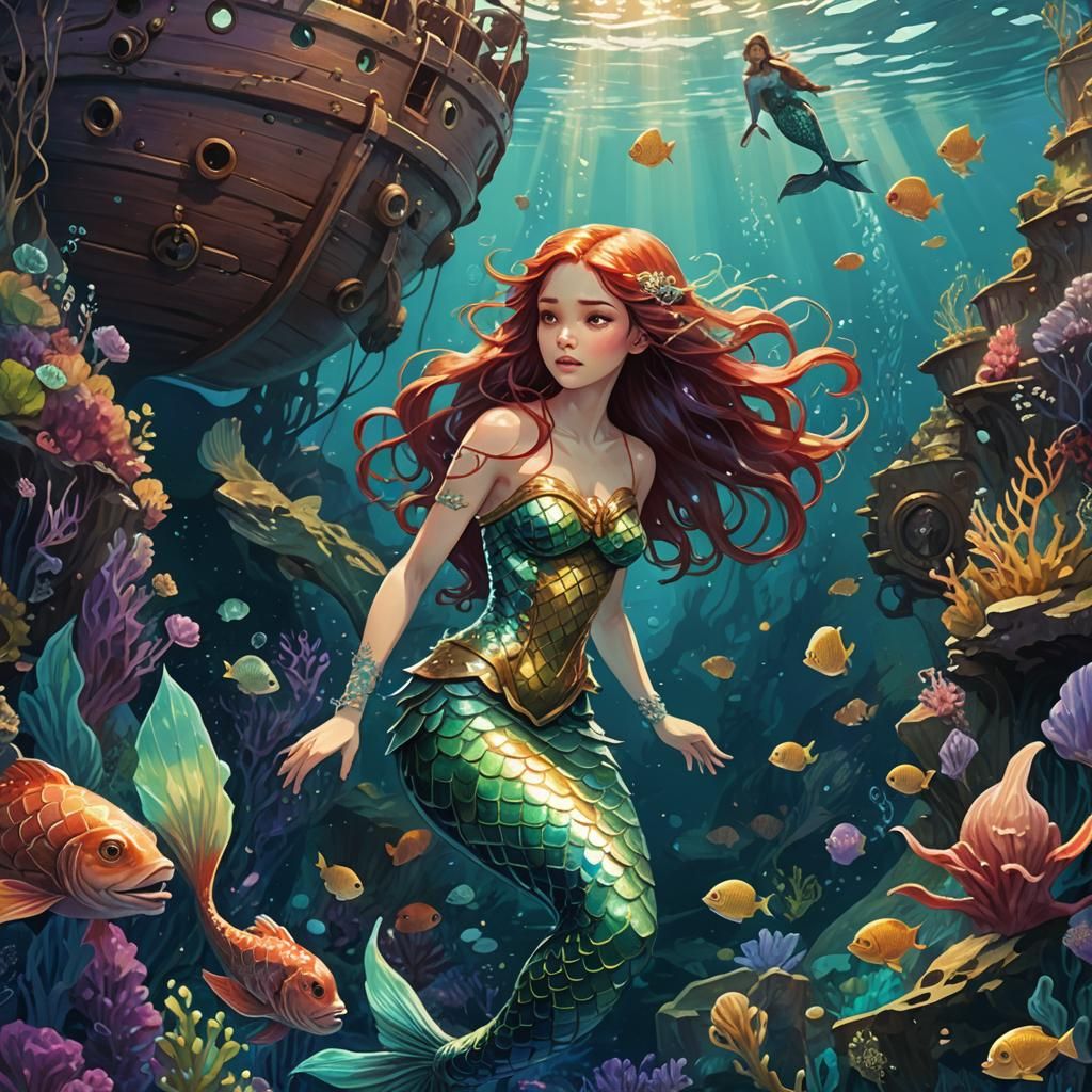 Mermaid's Sunken Ship Adventure in Fantasy Digital Art