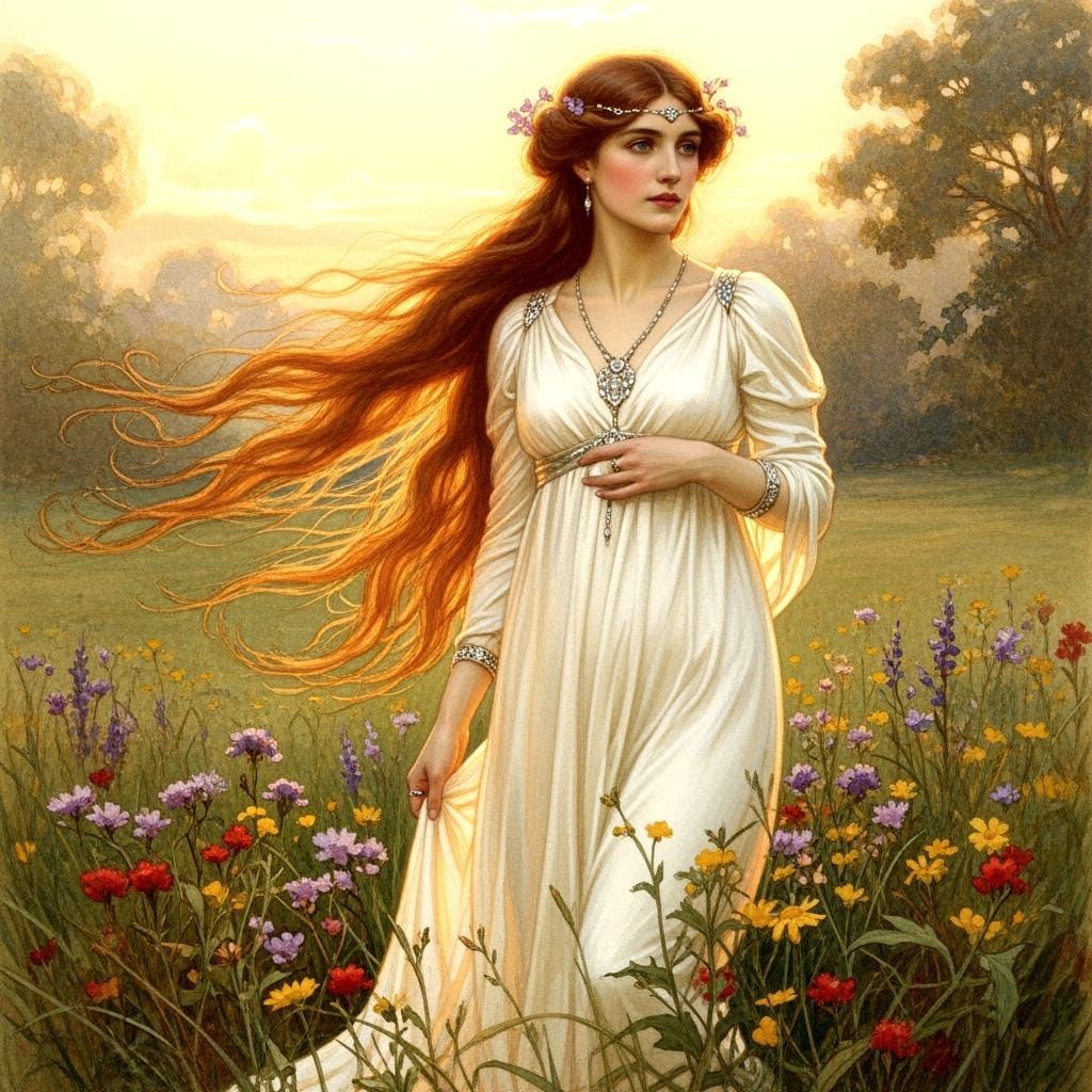 Elegant Woman in Meadow, Pre-Raphaelite Style