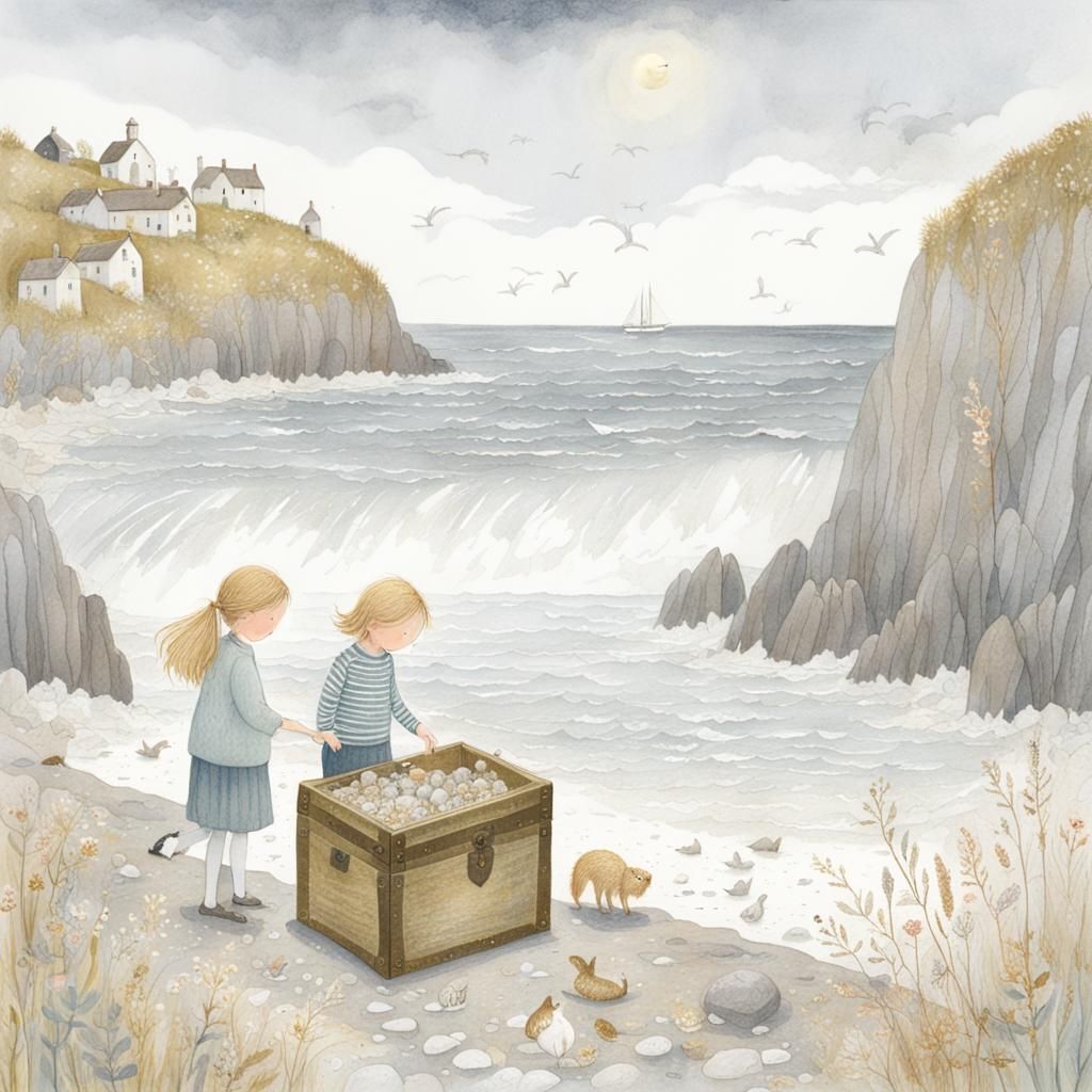 Children Discovering Treasure Chest, Storybook Illustration