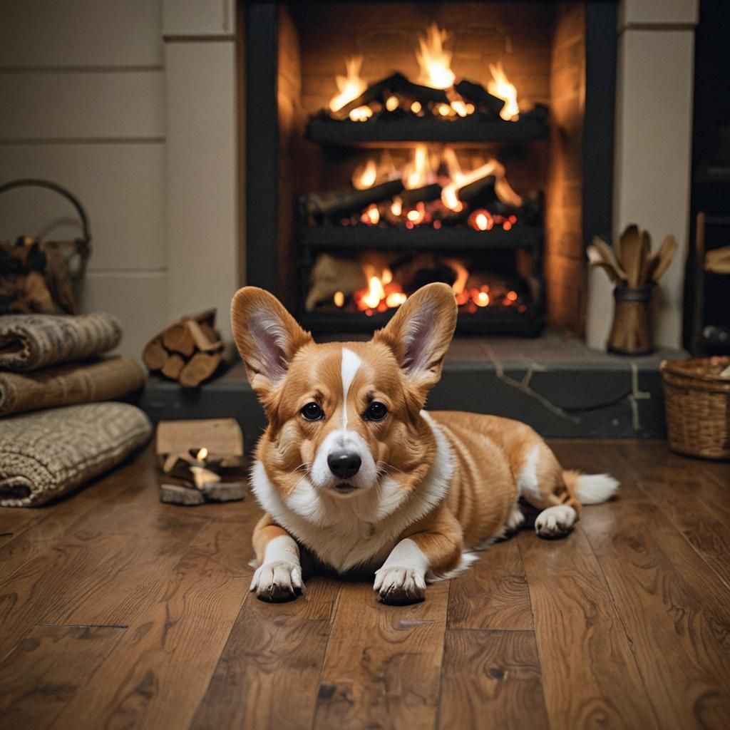 Corgi's Romantic Night by the Fireplace
