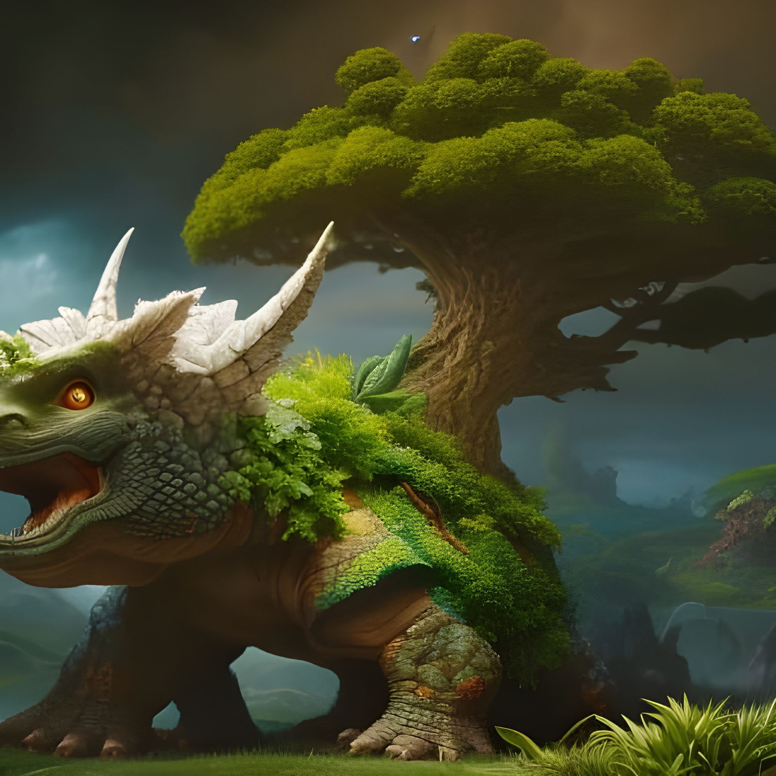 Photorealistic Torterra with Oak Tree, Digital Matte Paintin...