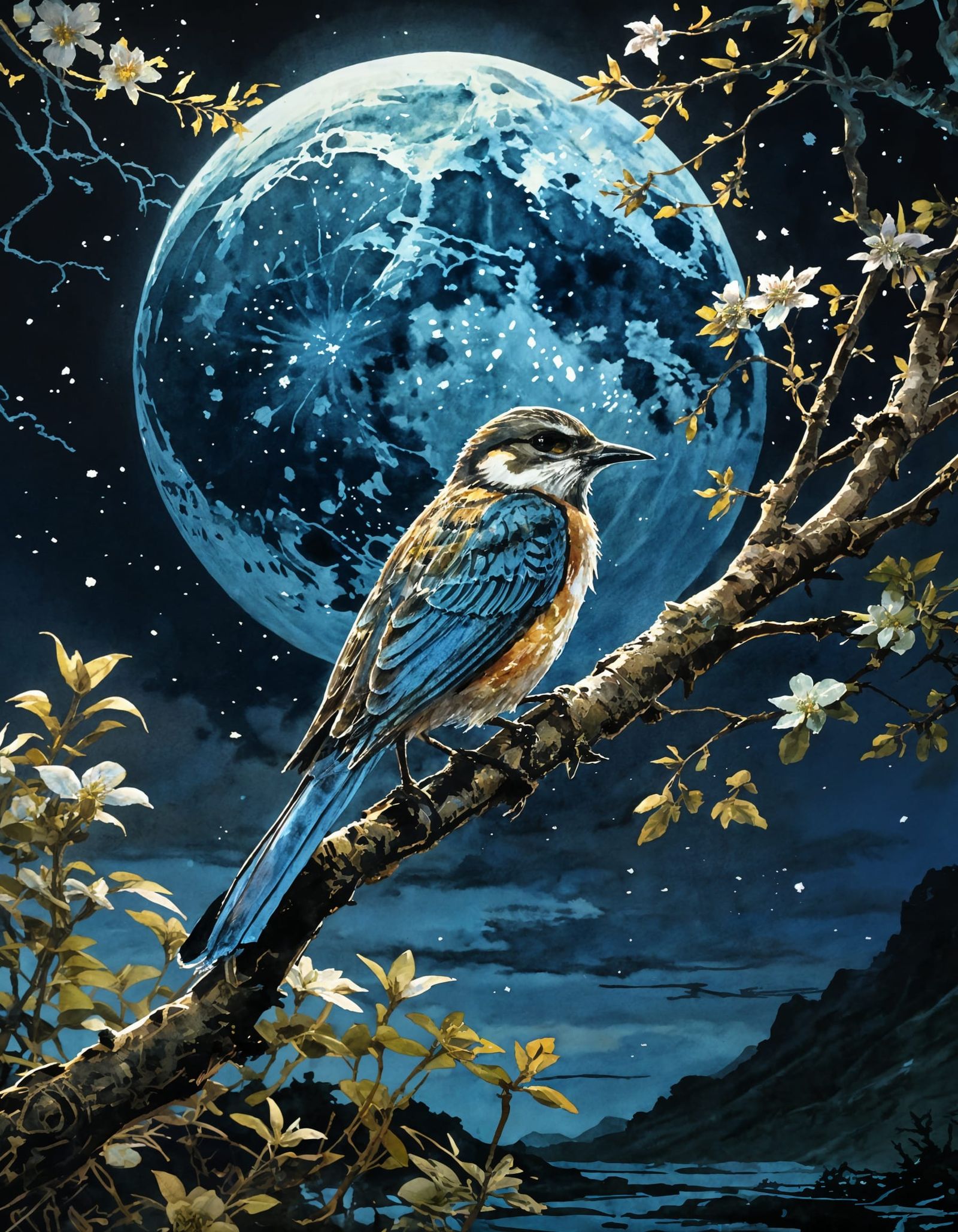 Bird Under Moon in Watercolor Style