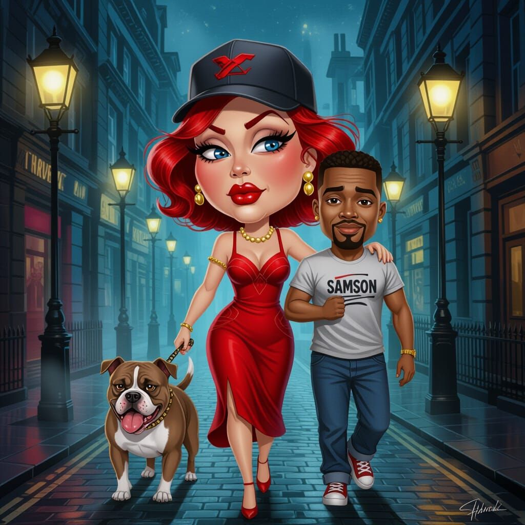 Art Deco Caricature of Couple with Pit Bull in Foggy London