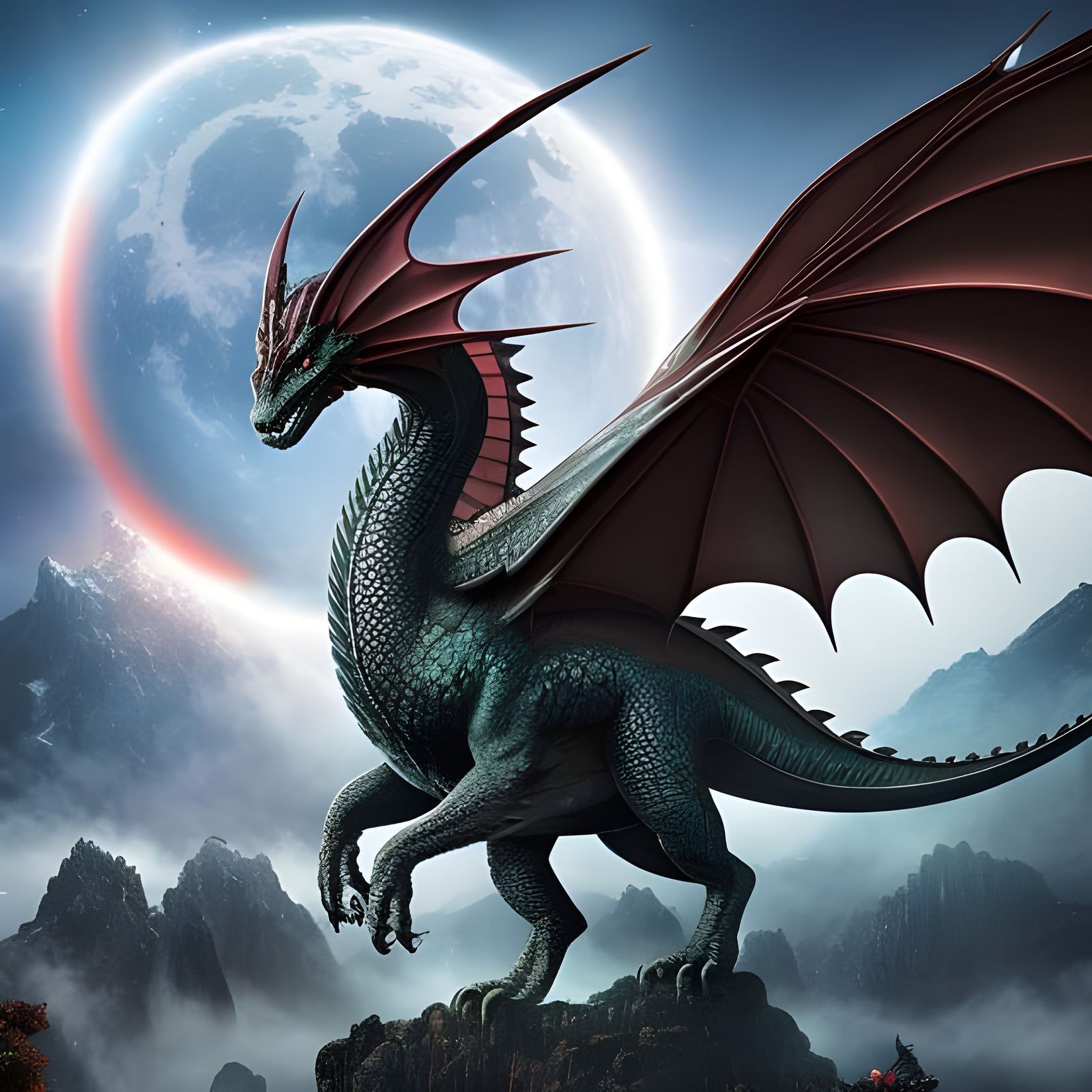 Mystical Dragon Embracing Bloodmoon: Digital Matte Painting