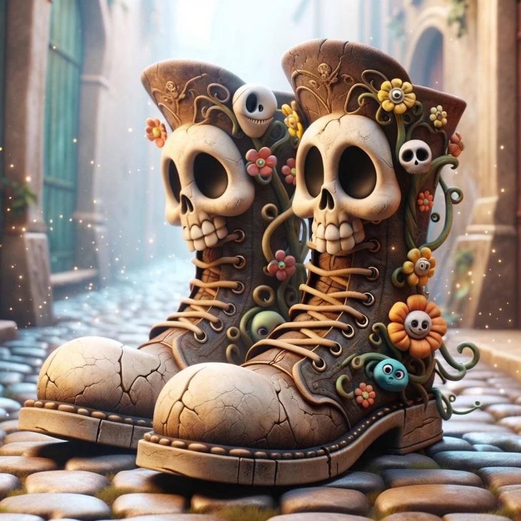 Gothic Bone Boots in Foggy Alleyway