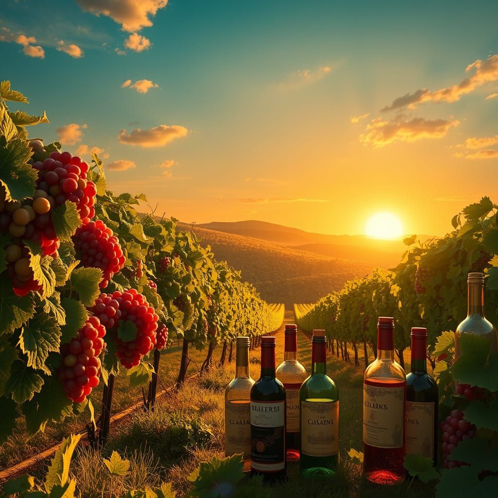 Serene Vineyard Scene in Vibrant Art Nouveau Style
