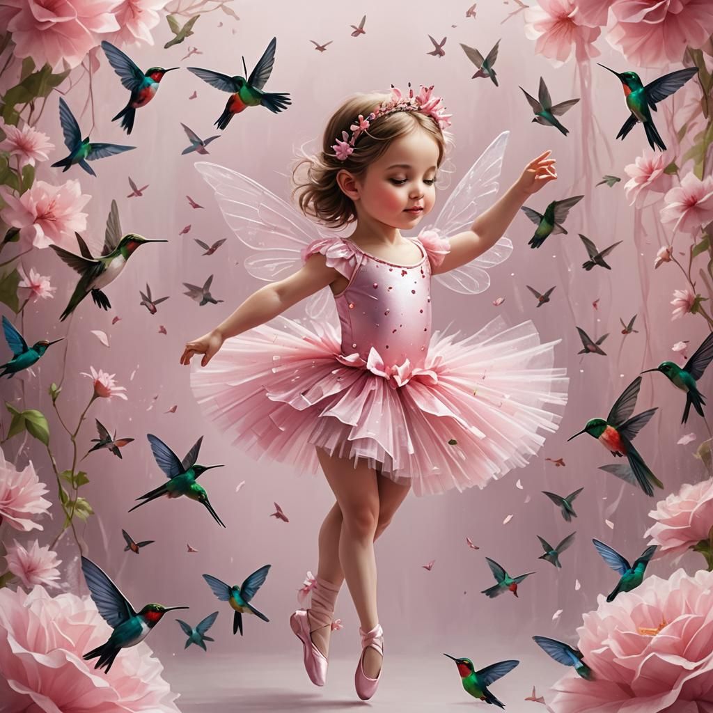 Fairy Ballerina in Pink Tulle with Hummingbirds