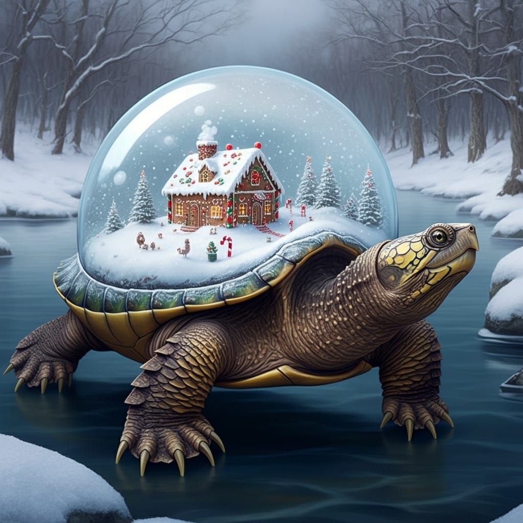Turtle Snow Globe in Winter River, Folk-Art Illustration
