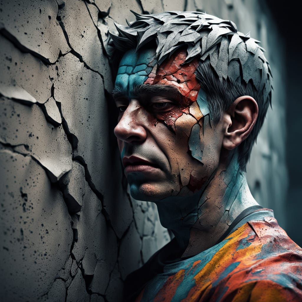 Man Fused Into Concrete Wall in Surreal Art Style