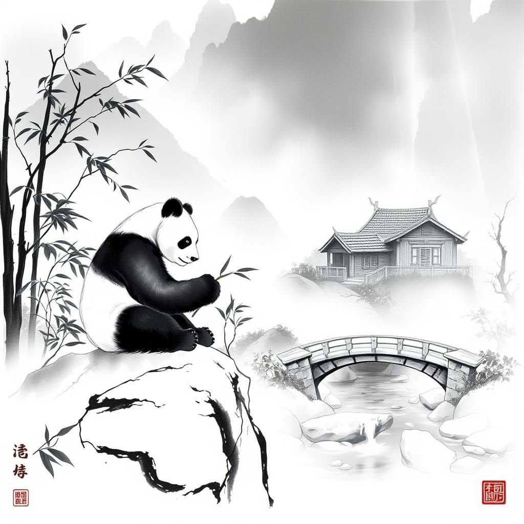 Serene Panda in Traditional Chinese Ink Painting Style